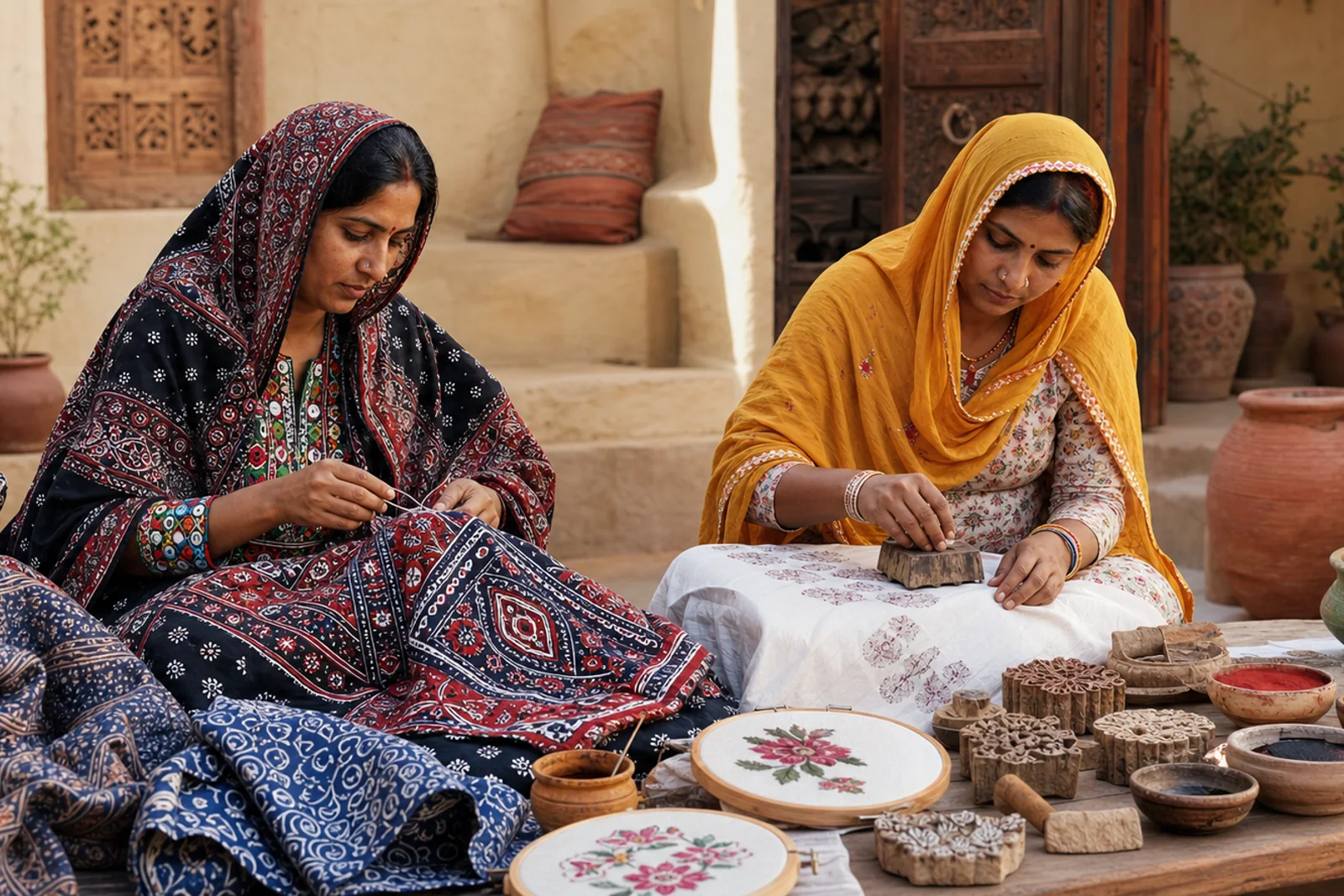 Sindhi and Rajasthani women artisans embroidering and hand-block printing textiles