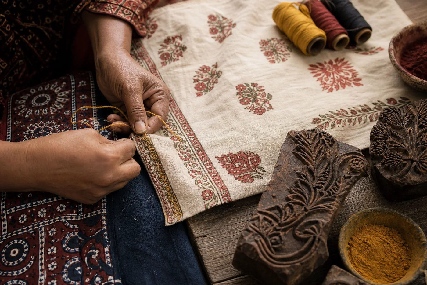 Artisan hands embroidering beside Ajrak and Rajasthani block-printed textiles